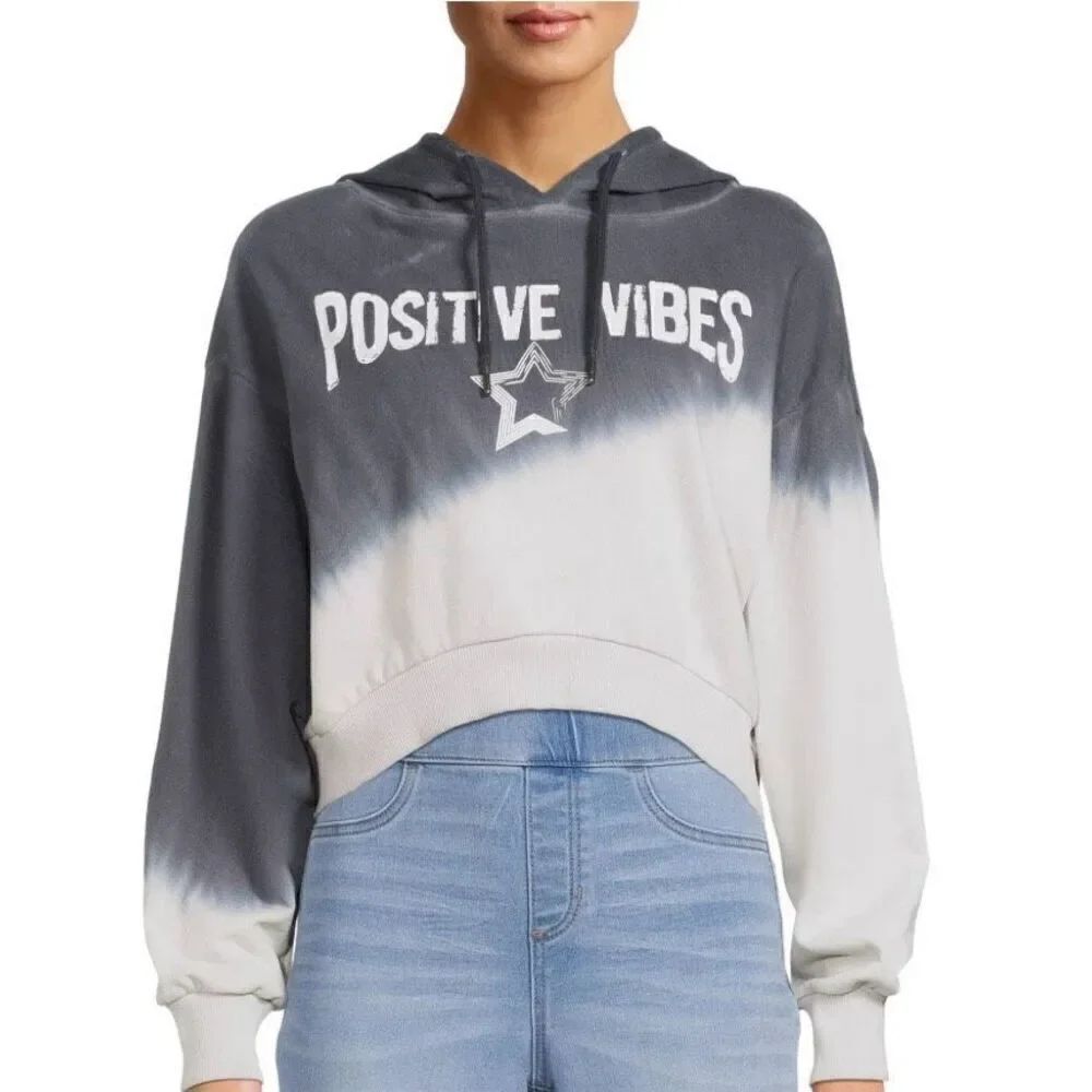 NWT Cool No Boundaries Sz S Grey Tie Dye Graphic Print Cropped Sweatshirt Hoodie